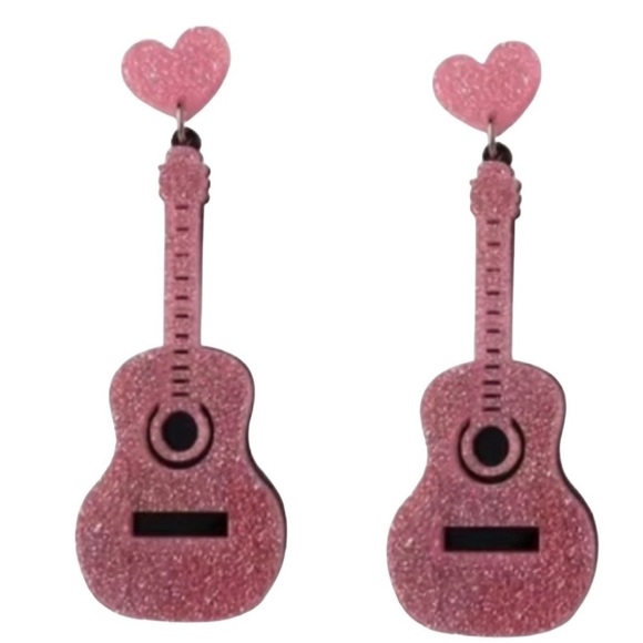 PINK Acrylic Guitar Pierced Bling Earrings - Picture 2 of 4